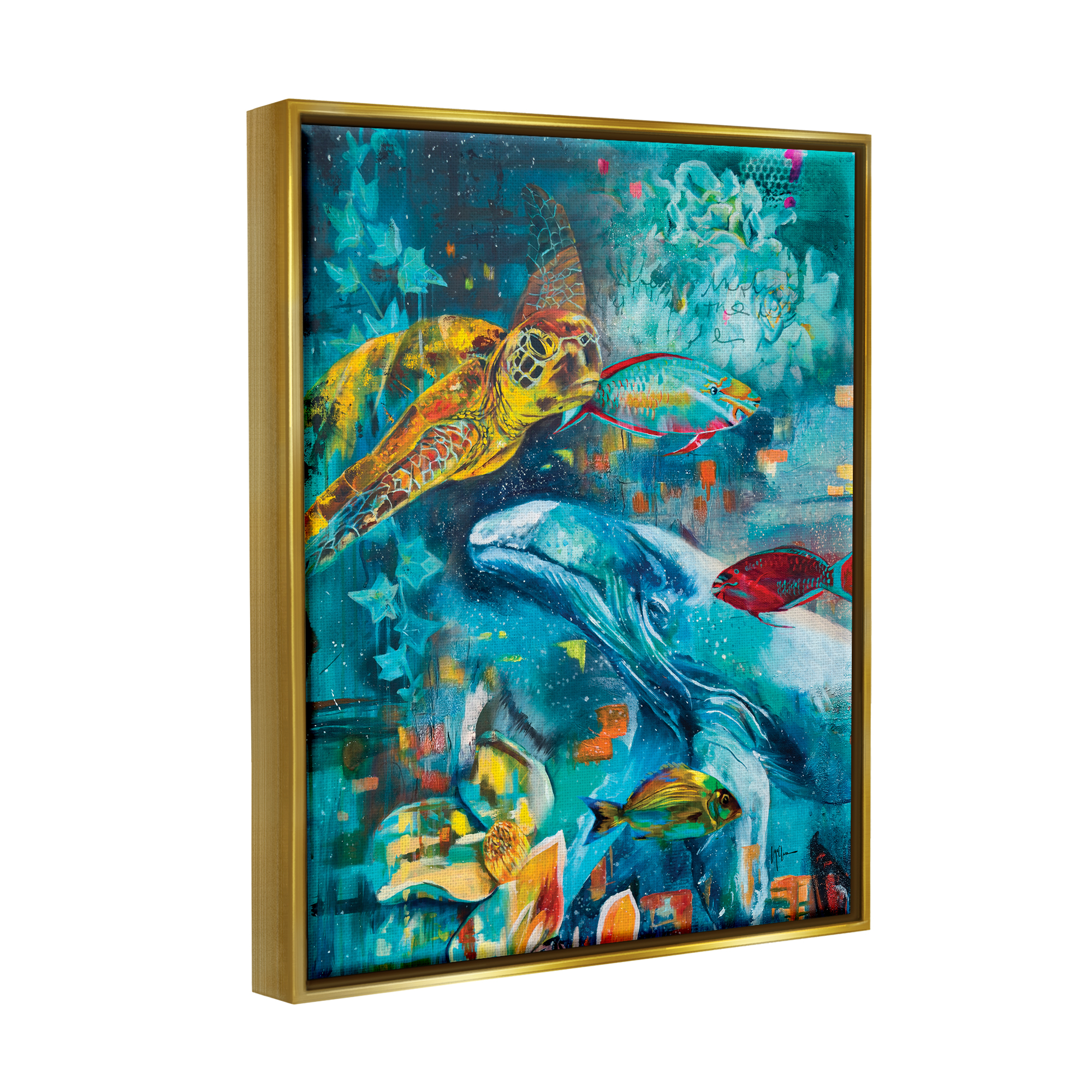 Stupell Industries Abstract Underwater Creatures Animals & Insects Painting Gold Floater Framed Canvas Art Print Wall Art, 25 x 31