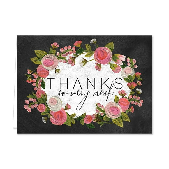 Chic Chalkboard Roses Thank You Note Card Pack - Set of 36 cards blank inside - with white envelopes