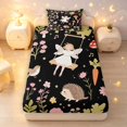 thumbnail image 3 of Homewish Cute Fairies Bird Hedgehog Twin Sheets,Kawaii Mushrooms Flowers Bedding,Black,3pcs,1 Flat Sheet,1 Fitted Sheet and 1 Pillowcase, 3 of 6