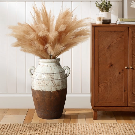 LuxenHome Rustic Cream and Brown Terracotta Urn with Handles 18.5-Inch Tall Vase
