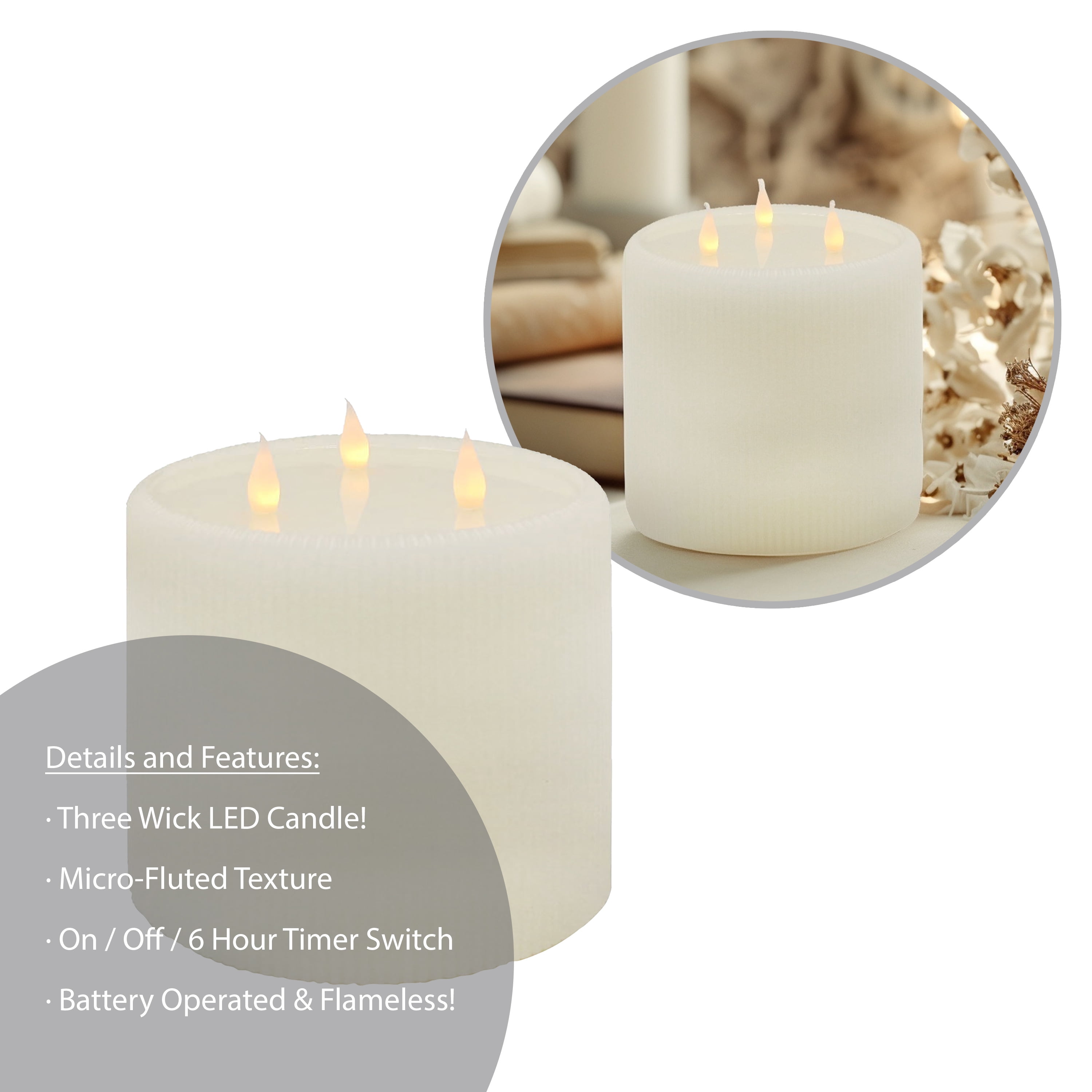Home Decor Collection Fluted Large 3 Wick LED Flameless Candle