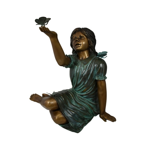 Girl with butterflies, green shirt Bronze Statue Size: 27" x 17" x 24"H