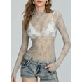 thumbnail image 5 of Douhoow Women Mesh Sheer Cover Ups Long Sleeve Slim Top Mock Neck Lace Floral See Through Shirt Tops, 5 of 8