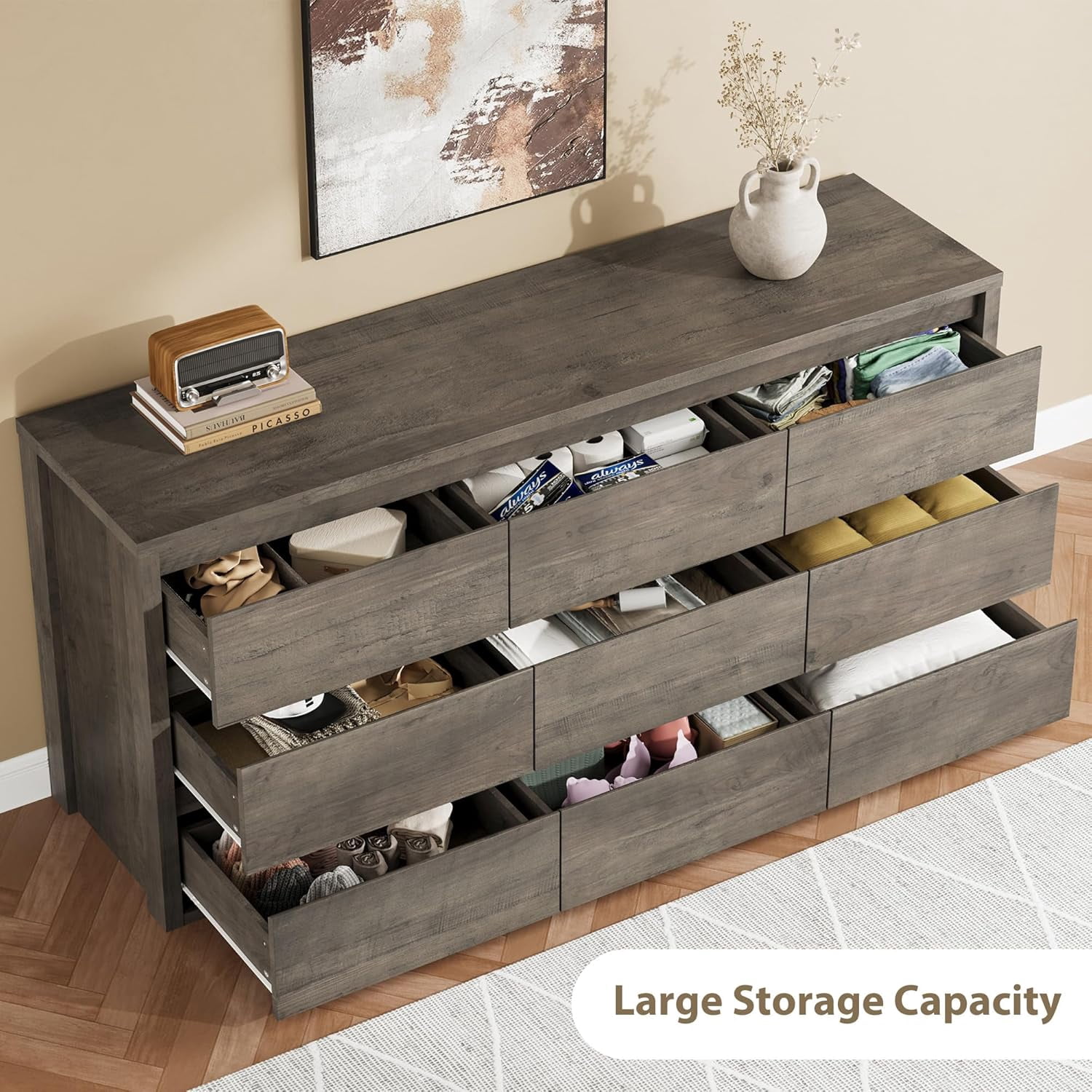 Modern 9 Drawer Dresser for Bedroom, Wide Wooden Chest, Large Storage Organizer, Versatile Furniture for Living Room Hallway Entryway - Gray