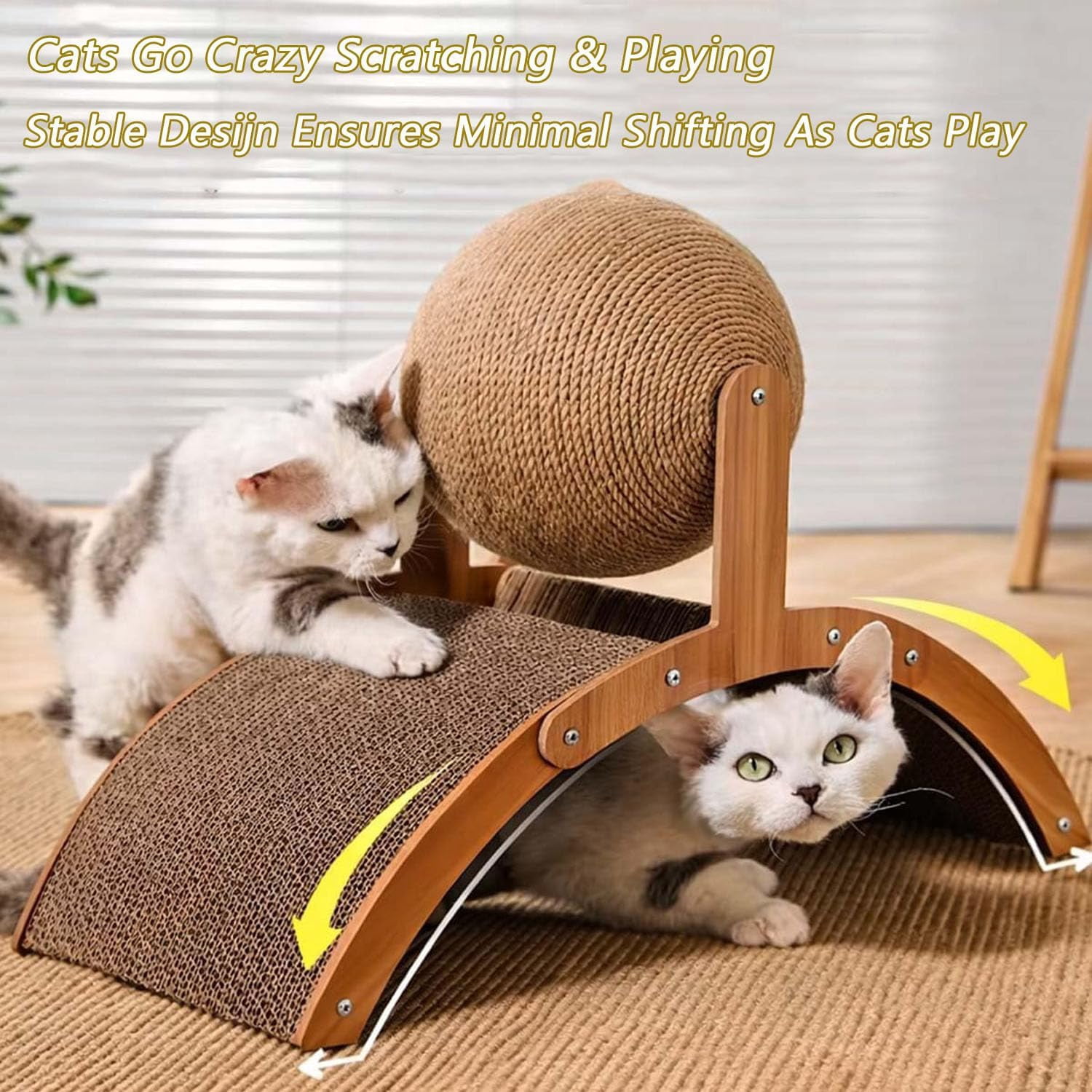 Cat Scratching Ball On Stand - Solid Wood Interactive Cat Scratcher, with Arch Bridge and 360° Rotating Natural Sisal Ball for Indoor Cat Kittens (Small)