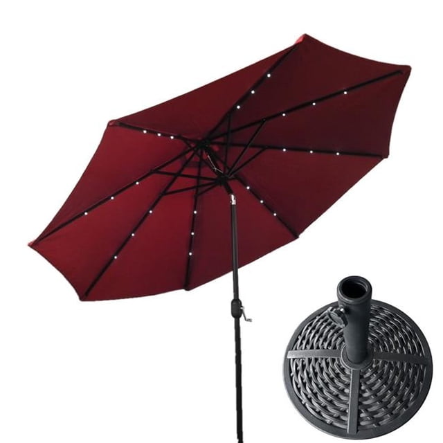 Hiland WMKC-UMB-R Parasol de Marché Solaire avec Lumières LED en Rouge avec Base en Osier