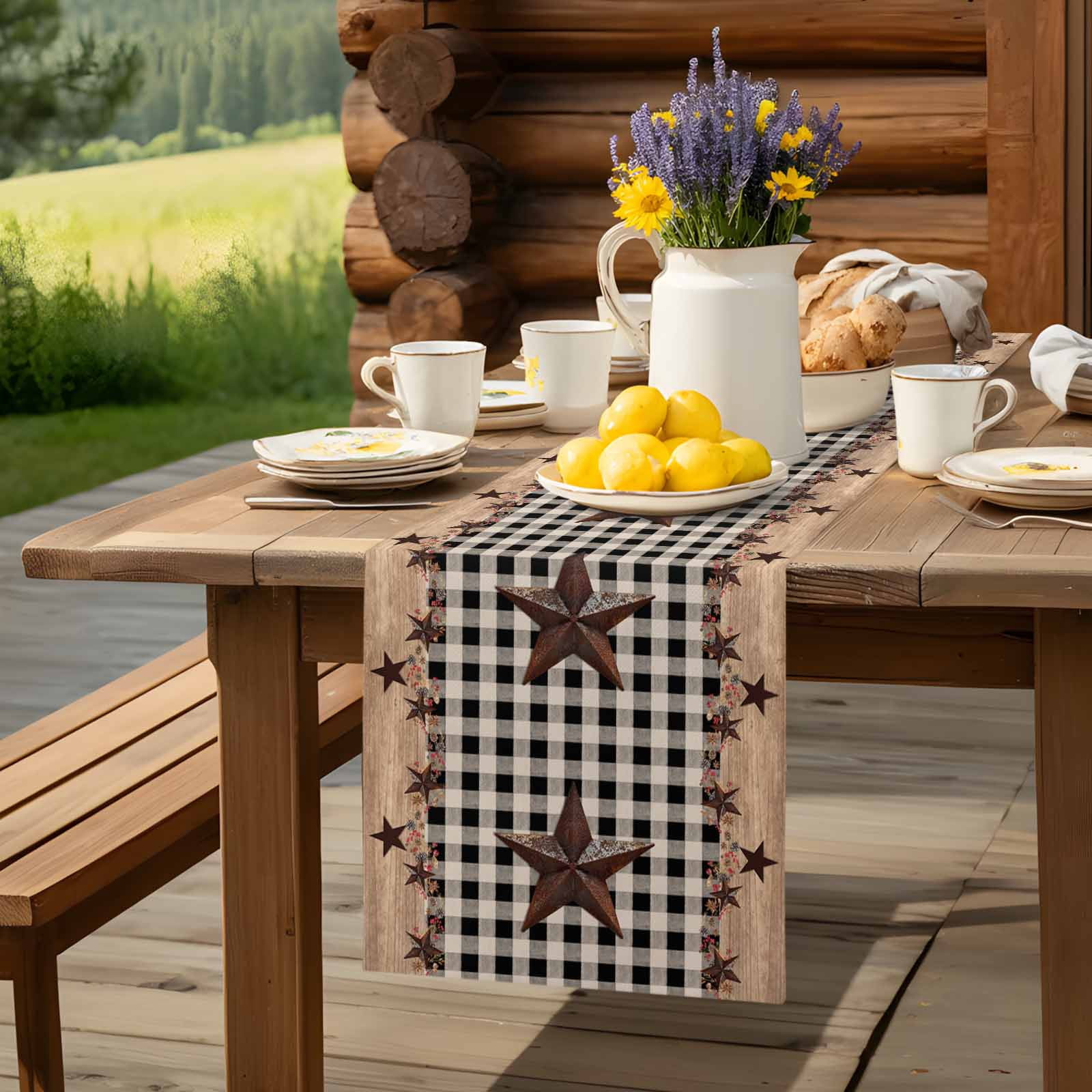 Independence Day Western Star on Wood Table Runner 90 Inches Long, Black Plaid Table Runners Tabletop Scarf Kitchen Dining Tables Decoration for Home Party Indoor Outdoor