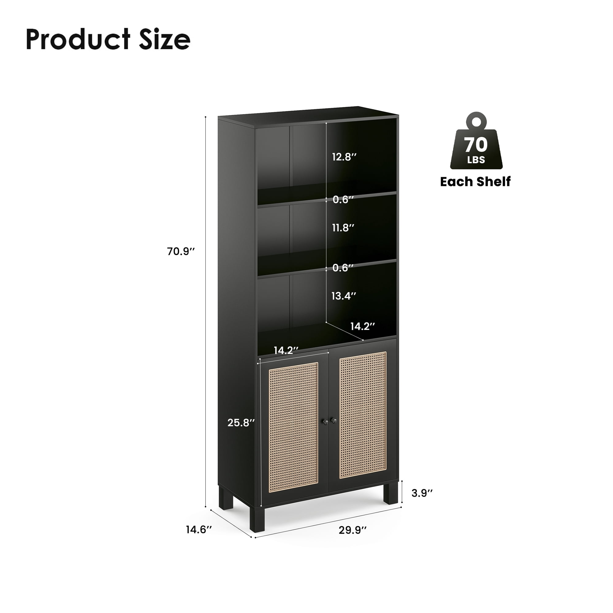 MAYEERTY 5-Shelf Bookcase with Rattan Doors, Tall Display Shelves for Home Office & Bedroom, Black