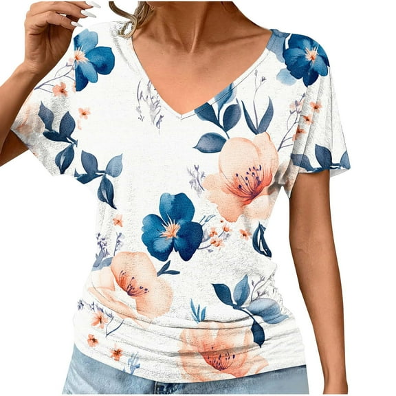 Tops for Women Casual Short Sleeve Print Ladies V-Neck Fold Blouses for Women 2025 Trendy T Shirts Summer Clothes Multicolor M