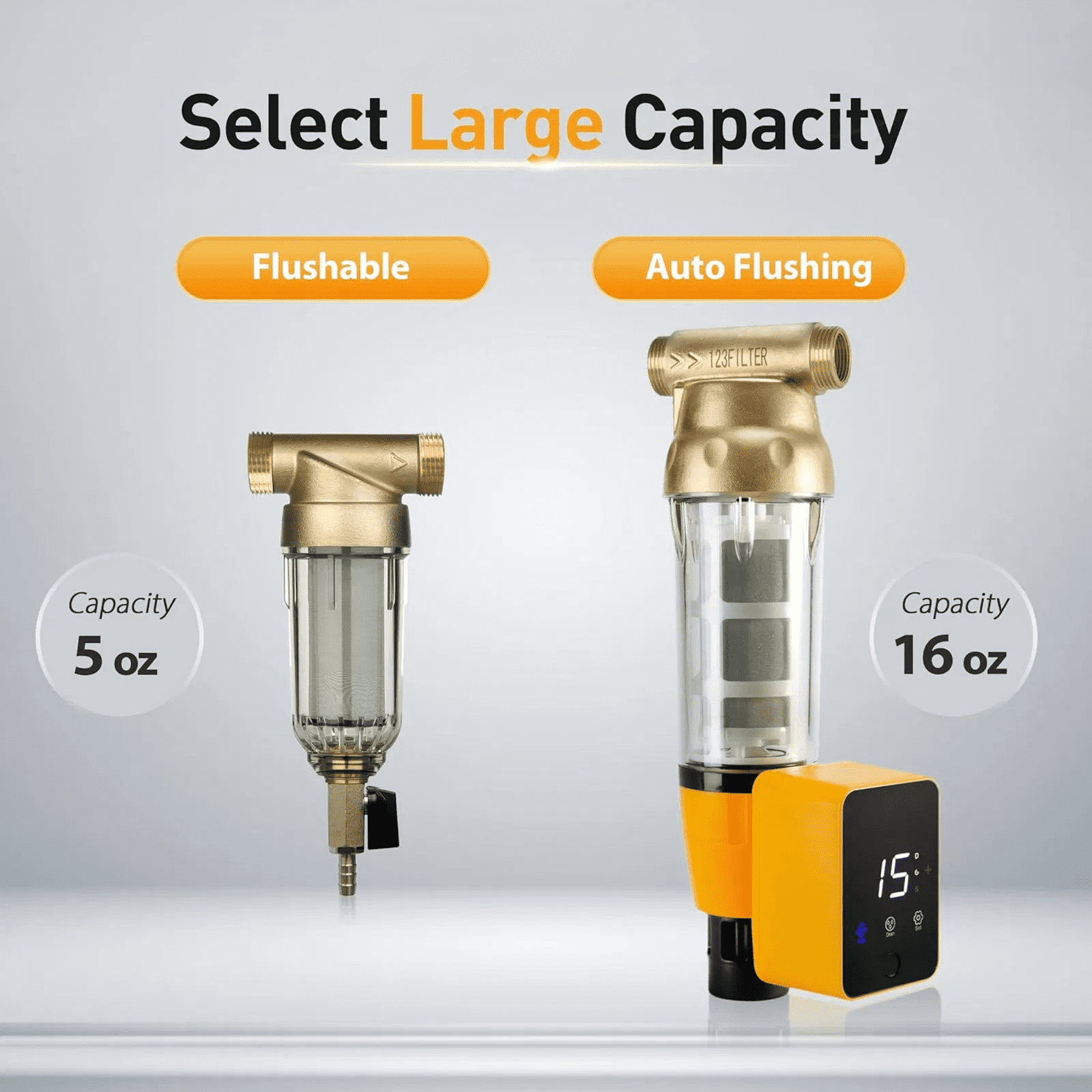 iSpring Spin Down Sediment Water Filter, 50 Micron,  Auto-Flush, Reusable,  Touch-Screen and Built-in Housing Scraper, Brass Top Clear Housing, Whole House Prefilter Filtration