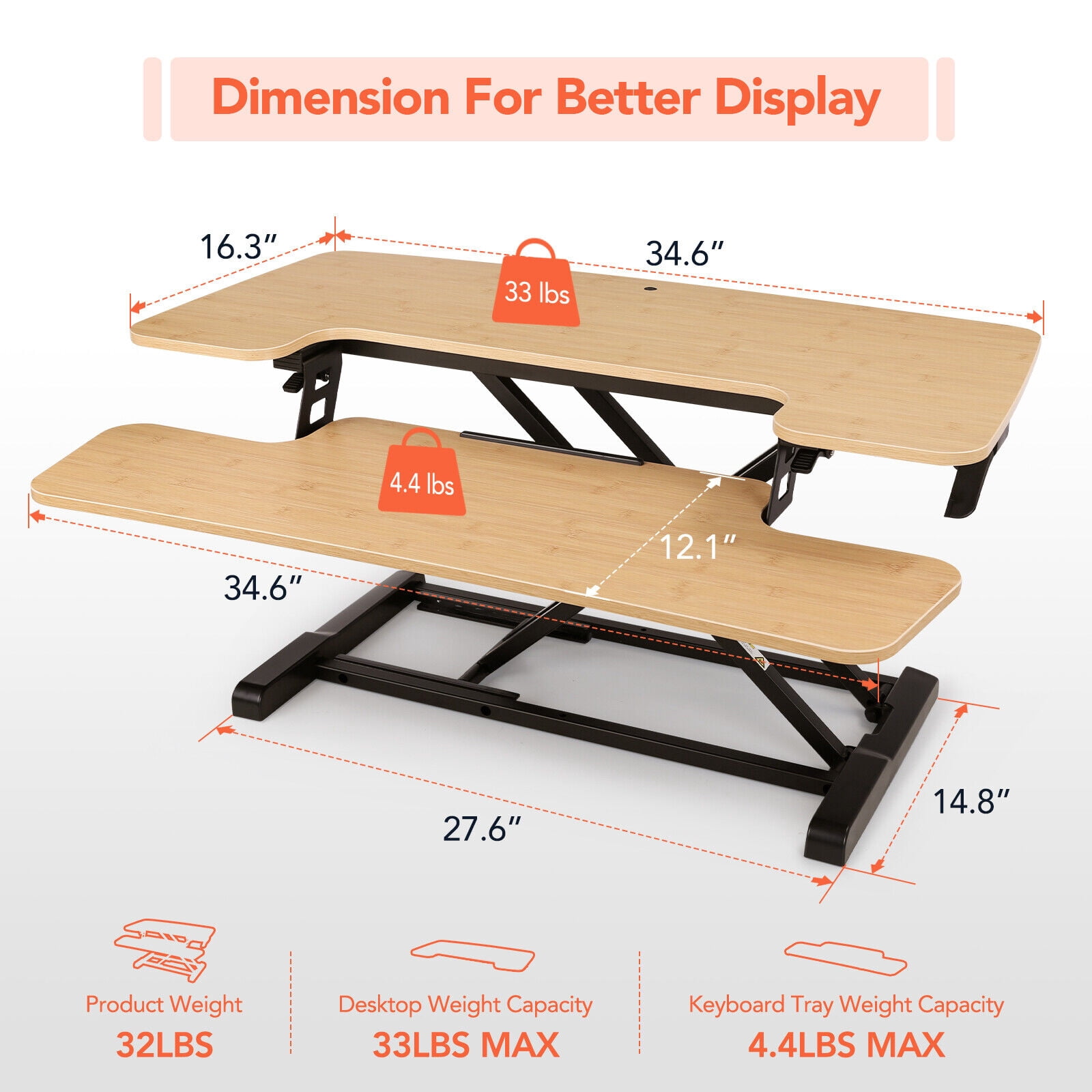 MarketLane  35" Large Height Adjustable Standing Desk Converter - Quick Sit Stand Up Triple Monitor Riser - Gas Spring Computer Workstation - Retractable Keyboard Tray - Teak Wood Grain,Bamboo