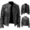 thumbnail image 4 of Autumn Winter Men Stand Collar Zipper Faux Leather Motorcycle Jacket Short Coat, 4 of 9