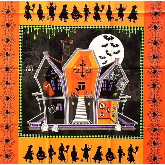 1 Panel - Halloween Haunted House Ghosts & Ghouls Cotton Fabric Block Pillow Panel (Great for Craft Projects, Quilting, Sewing & More) 23” X 44” Wide