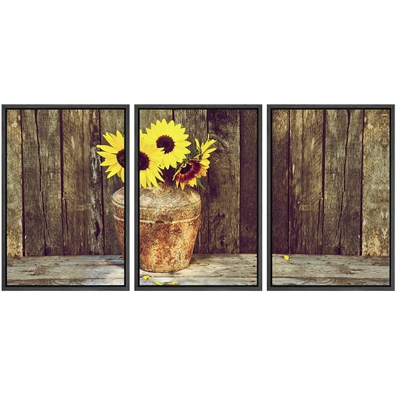 wall26 - Rustic Vase with Sunflowers - Framed Canvas Art Wall Art - 24"x36"x3 Black
