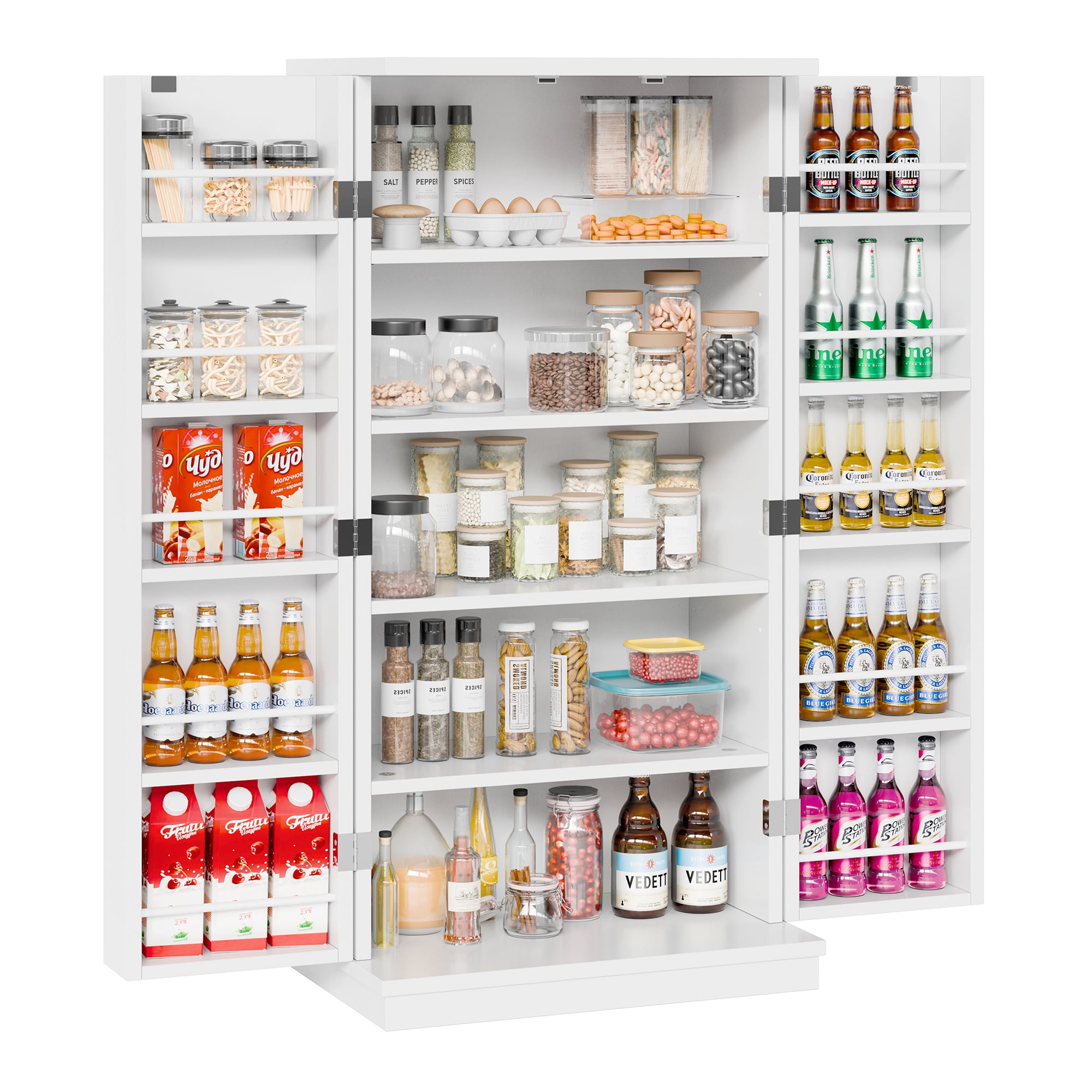 Walsunny Pantry Food Storage Cabinet 47" Free Standing Craft Cupboard with Doors Adjustable Shelves for Kitchen Entryway Dining Room Bathroom White
