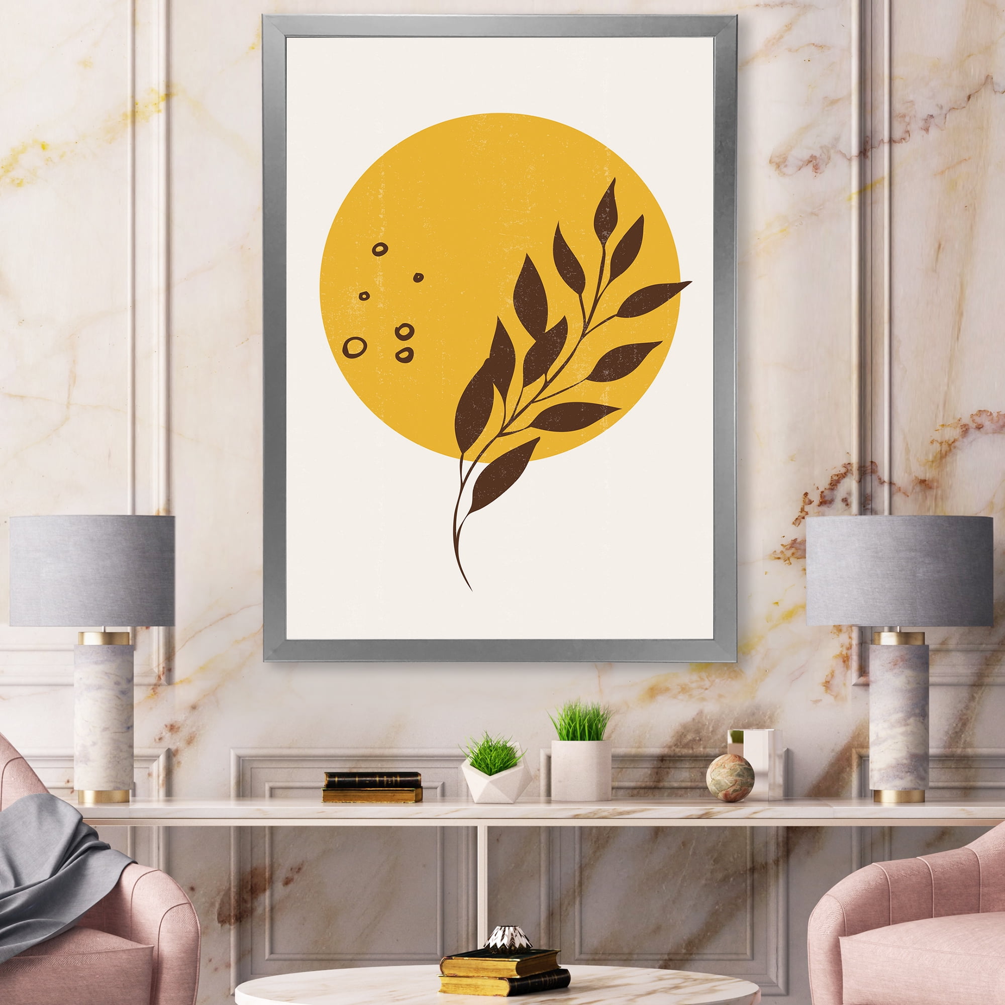 Designart 'Abstract Moon and Yellow Sun With Tropical Leaf II' Modern Framed Art Print