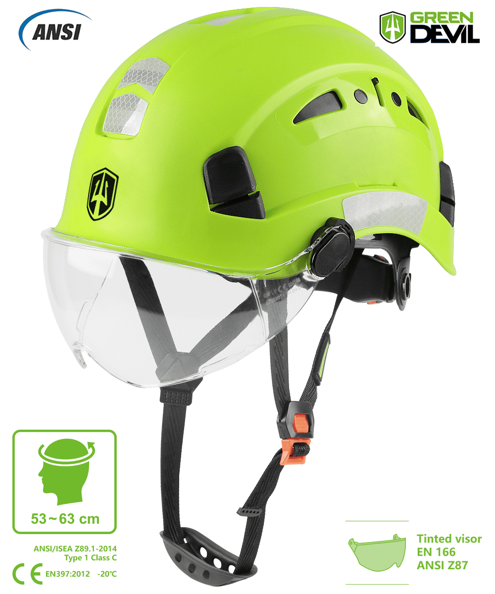 GREEN DEVIL Safety Helmet Hard Hat with Visor and Chinstrap Adjustable Lightweight Vented ABS Work Helmet for Men and Women 6-Point Suspension ANSI Z89.1 Approved Ideal for Industrial & Construction