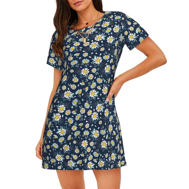 Disketp Daisy Floral B para Camisón Corto de Manga Corta para Mujeres, Camisón Cómodo con Escote Redondo, Bonito y Confortable