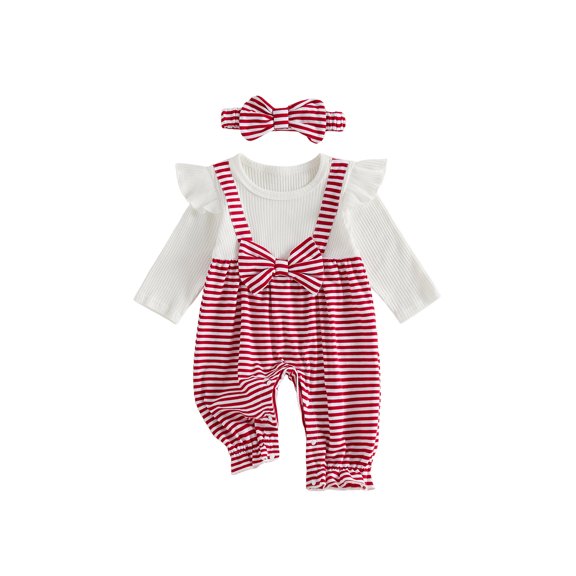 Cjfdfy Newborn Baby Girl Christmas Fall Clothes Set Christmas Plaid Striped Ruffle Long Sleeve Ribbed Jumpsuit Bow Headband Infant Cute Christmas Fall Winter Outfit 0-18 Months