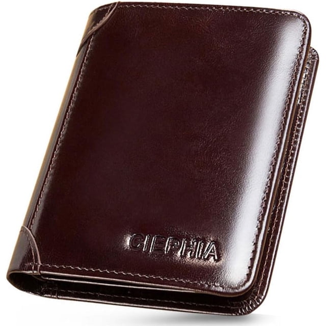 Carteras de piel auténtica triple con bloqueo RFID para hombres, clásico, delg, corto, multifunción, clips para dinero con 2 ventanas de identificación, regalos a hombres, Cera de Aceite