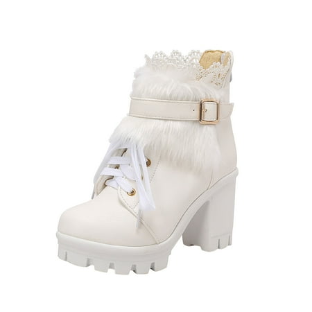 OJSFQUFP Womens Booties Ladies Fashion Retro Lace Edge Decoration Back Zipper Thick High Heel Short Boots Fall Shoes Botas De Mujer White 39