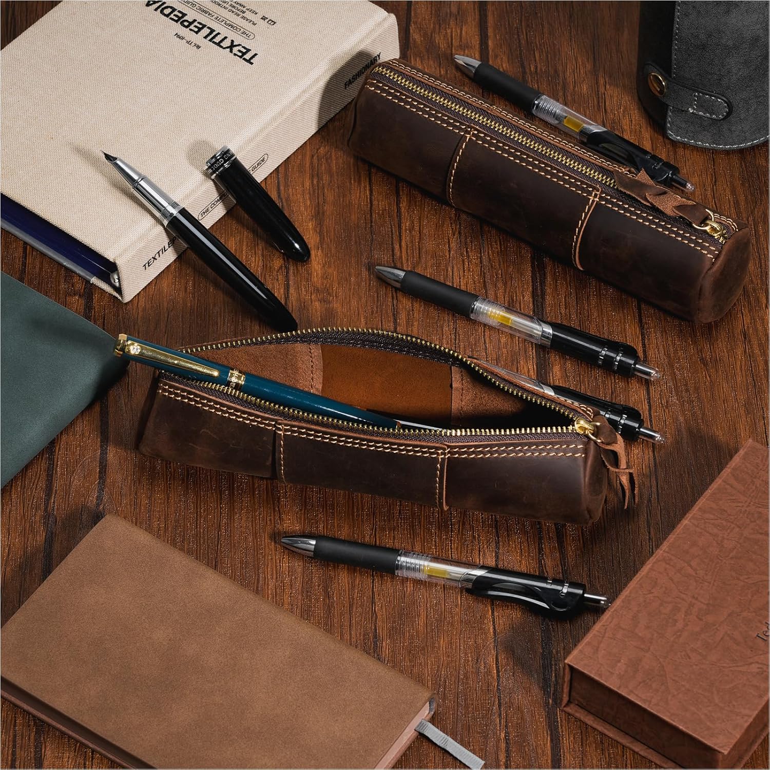 ABPETE Genuine Leather Pencil Case, Full-Grain Cowhide Leather Pouch, Small Pencil Pouch for Men, Vintage Pen Bag for Adults, Stationery Organizer Case for Work & Travel-Cylinder-Coffee