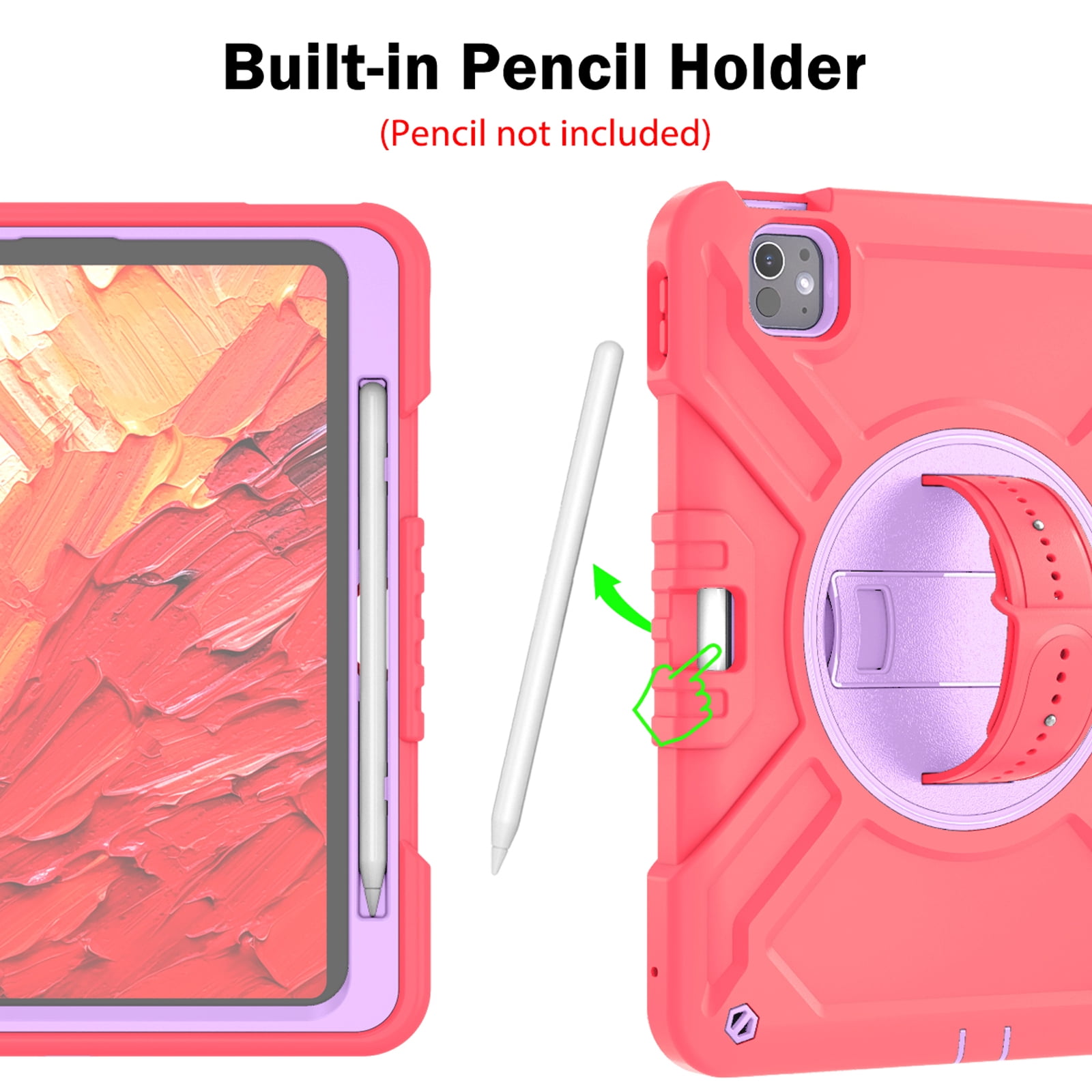 Military Grade Case for Apple iPad Pro 11 2024,Shoulder Strap Shockproof iPad Case with Pencil Holder 360 Rotating Hand Strap+Kicstand Rugged Siicone and Hard PC Case,Redpurple