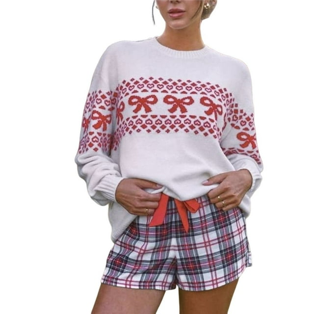 Suéter de Punto para Mujer con Estampado de Lazo en Forma de Corazón, Larga, Cuello Redondo, Estilo Casual Rojo S