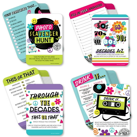 Big Dot of Happiness Through the Decades - 4 50s, 60s, 70s, 80s, and 90s Party Games - 10 Cards Each - Gamerific Bundle