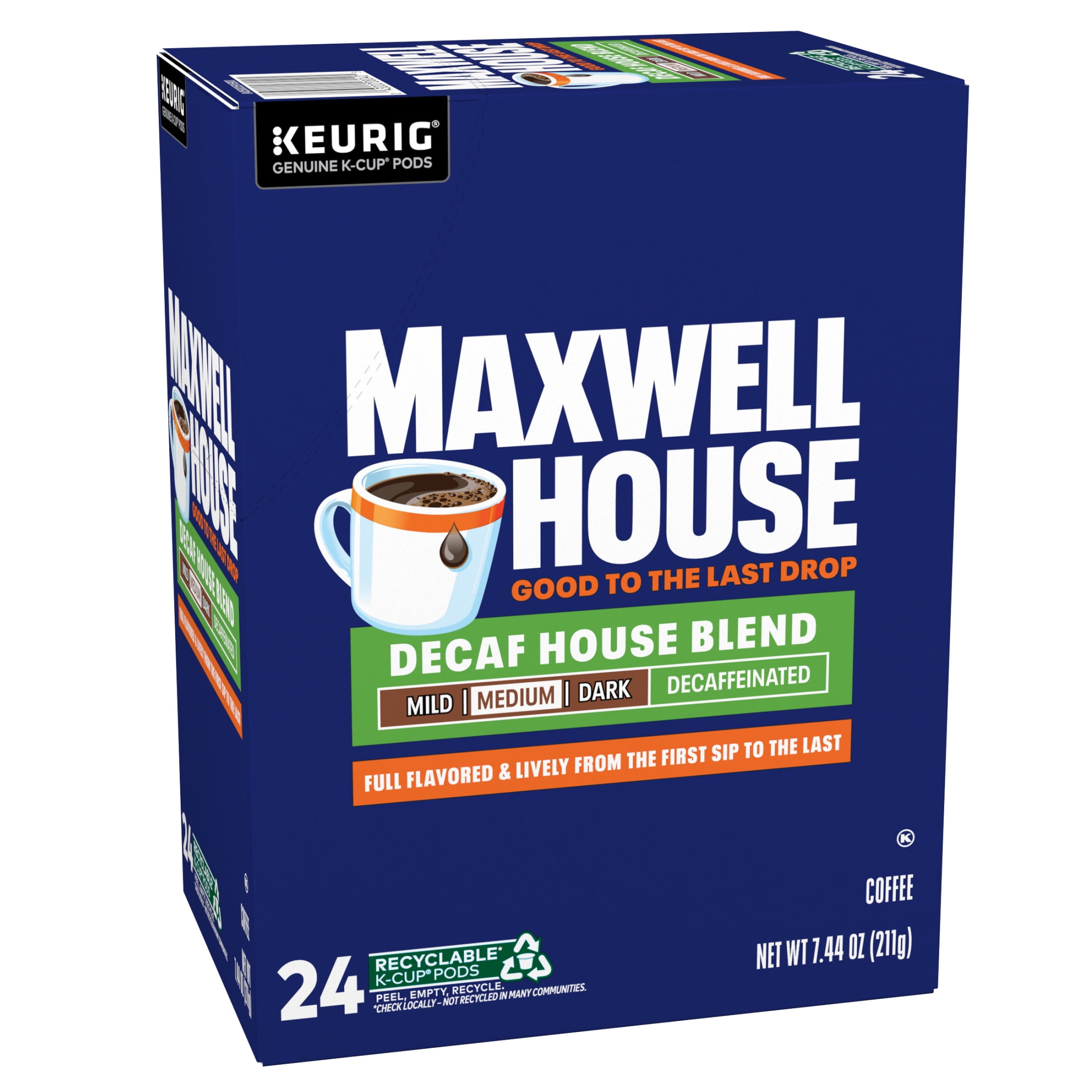 (4 pack) Maxwell House House Blend Decaf Coffee K-Cup Pods, Decaffeinated, 24 ct Box