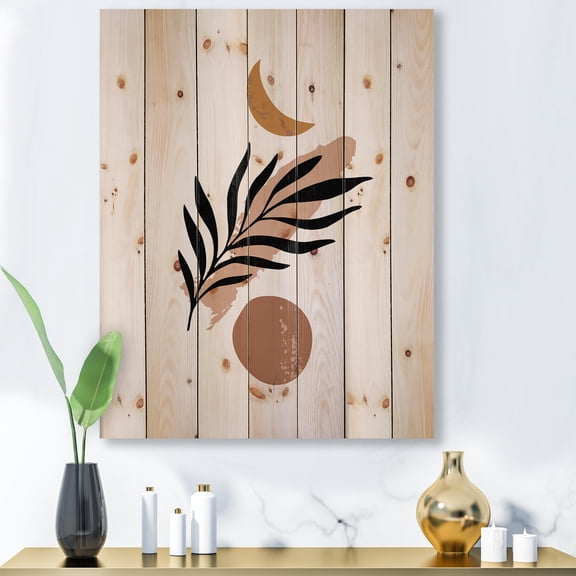 Designart 'Abstact Tropical Palm Leaf, Minimal Sun And Moon I' Modern Print on Natural Pine Wood