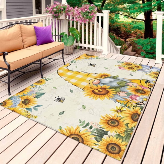 Sunflower Gnomes Outdoor Rug 3x5 Ft, Non Slip Washable Area Rug, Yellow Sunflower Vintage Leaves Bee Patio Rugs Carpet Runner, Large Floor Mat for Indoor/Outdoor Deck Porch Camping