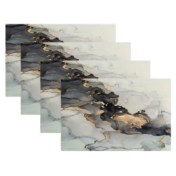 Marble Texture Placemats,Black Gold Silver Luxury Fluid Art Place Mats for Dining/Kitchen Table Waterproof Washable Linen Heat Insulation Dinner Table Mats 12x18 in 4 PCS