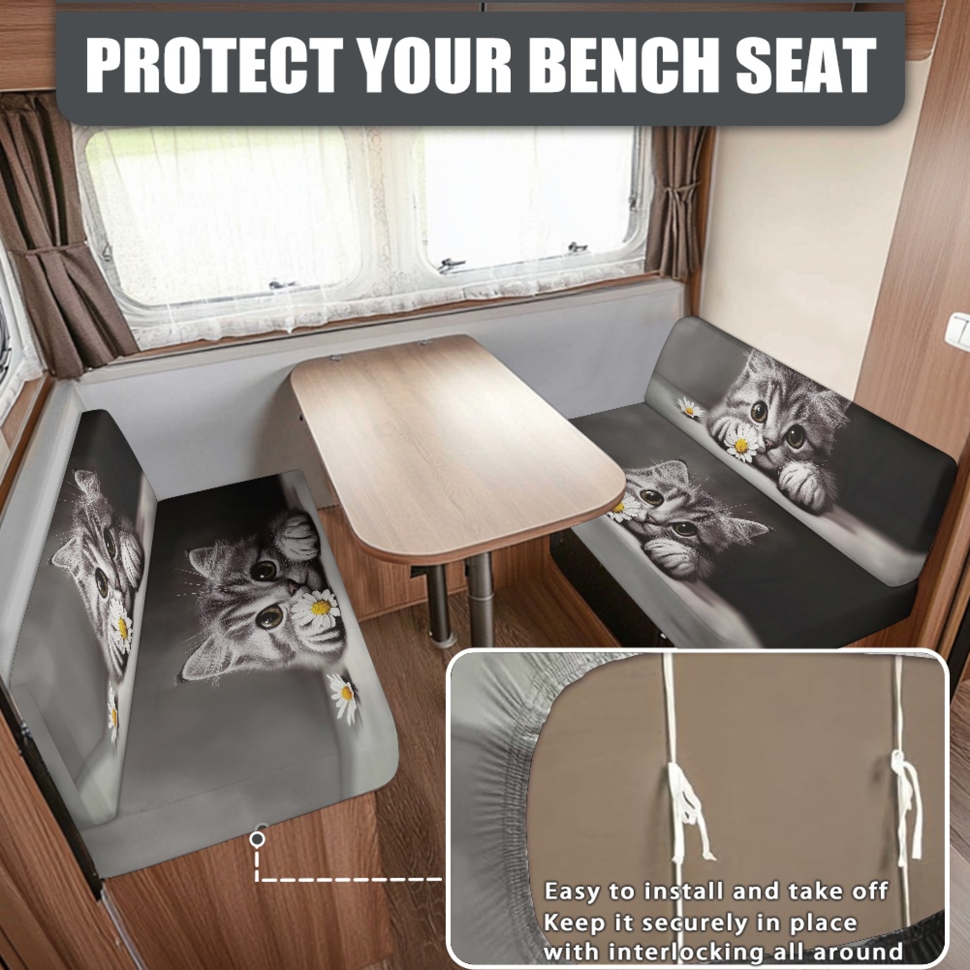 FOR U DESIGNS Cat Daisy Print 2 Pcs RV Dinette Cushion Covers Waterproof Camper Cushion Slipcover Stretch Sofa Furniture Protector Include1 Backrest Covers and 1 Bench Covers