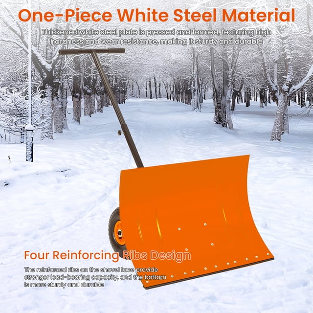 AKDSteel Pelle à Neige en Métal Robuste avec Roues, Lame Inclinée à 5 Positions Réglables et Poignée de Hauteur, Pousseur Ergonomique en Acier, Roues Antidérapantes, Bord en Caoutchouc pour un Déneigement Rapide
