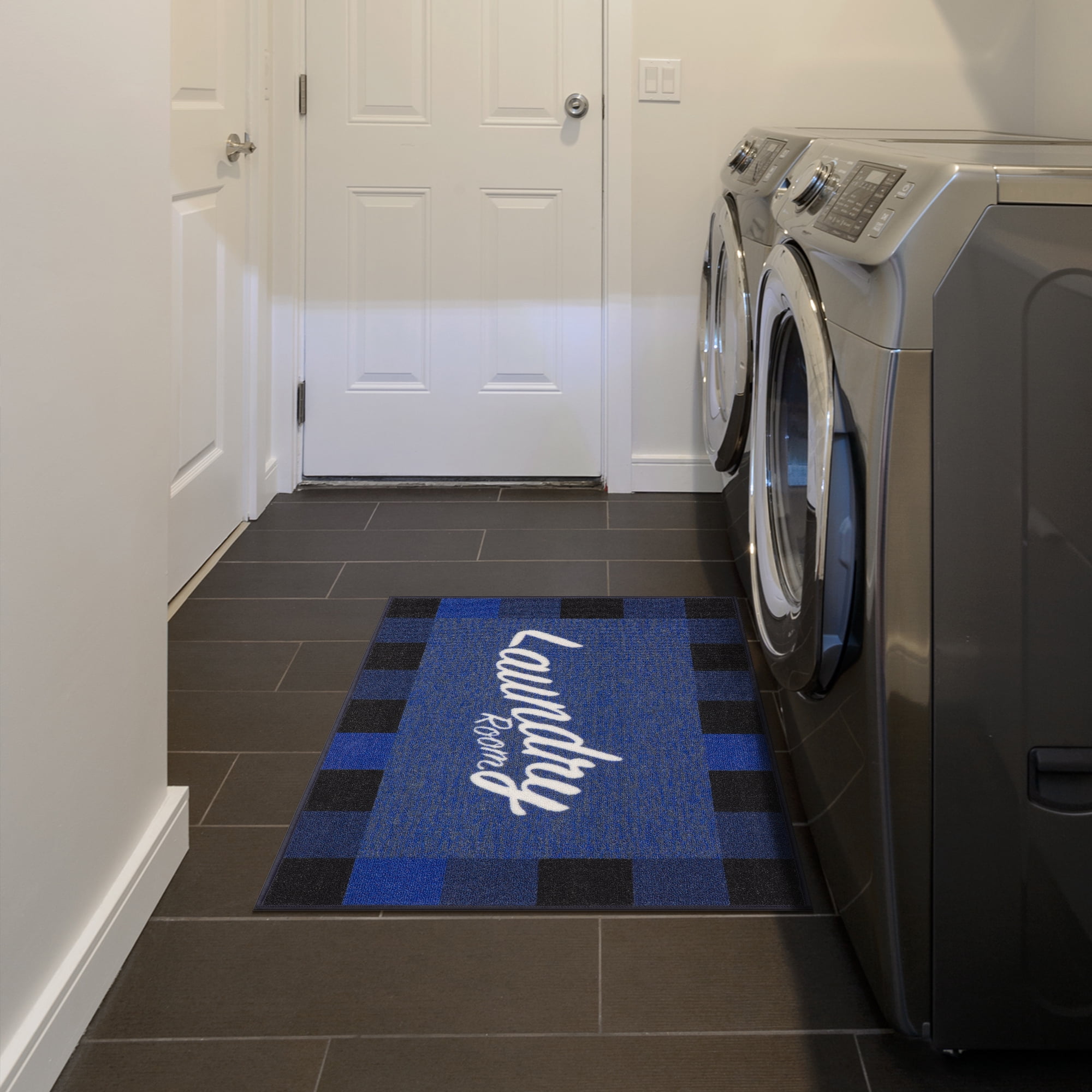 Ottomanson Non-Slip Rubberback Checkered 2x3 Laundry Room Rug, 26" x 35", Blue