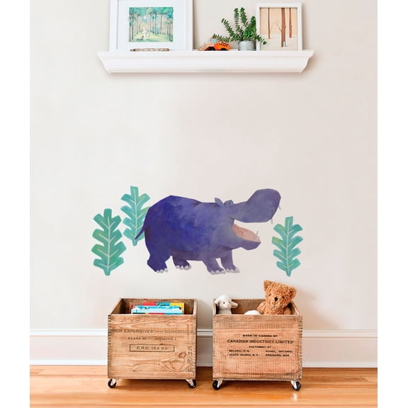 Wild Animals, Tropical Leaves Vinyl Wall Sticker - Hippopotamus