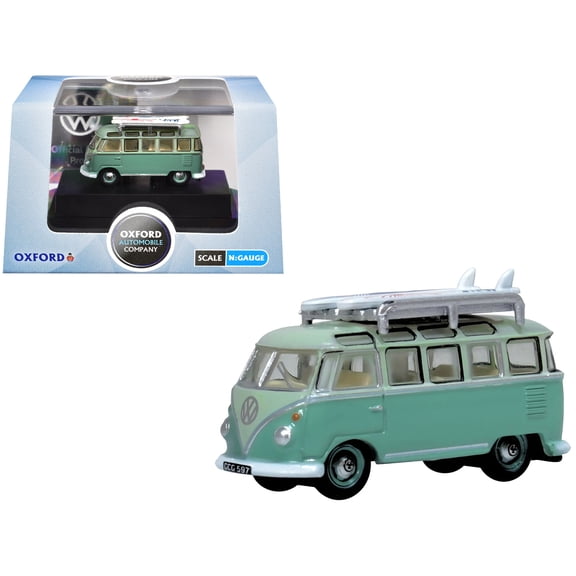 Volkswagen T1 Samba Bus RHD Green Two-Tone with Surfboards on Roof Rack 1/148 (N) Scale Diecast Model Car by Oxford Diecast