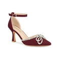 thumbnail image 1 of BLISSFUL STEP Women's Rhinestones Bow Ankle Strap Stiletto Heel Pumps Burgundy (Size 10), 1 of 7