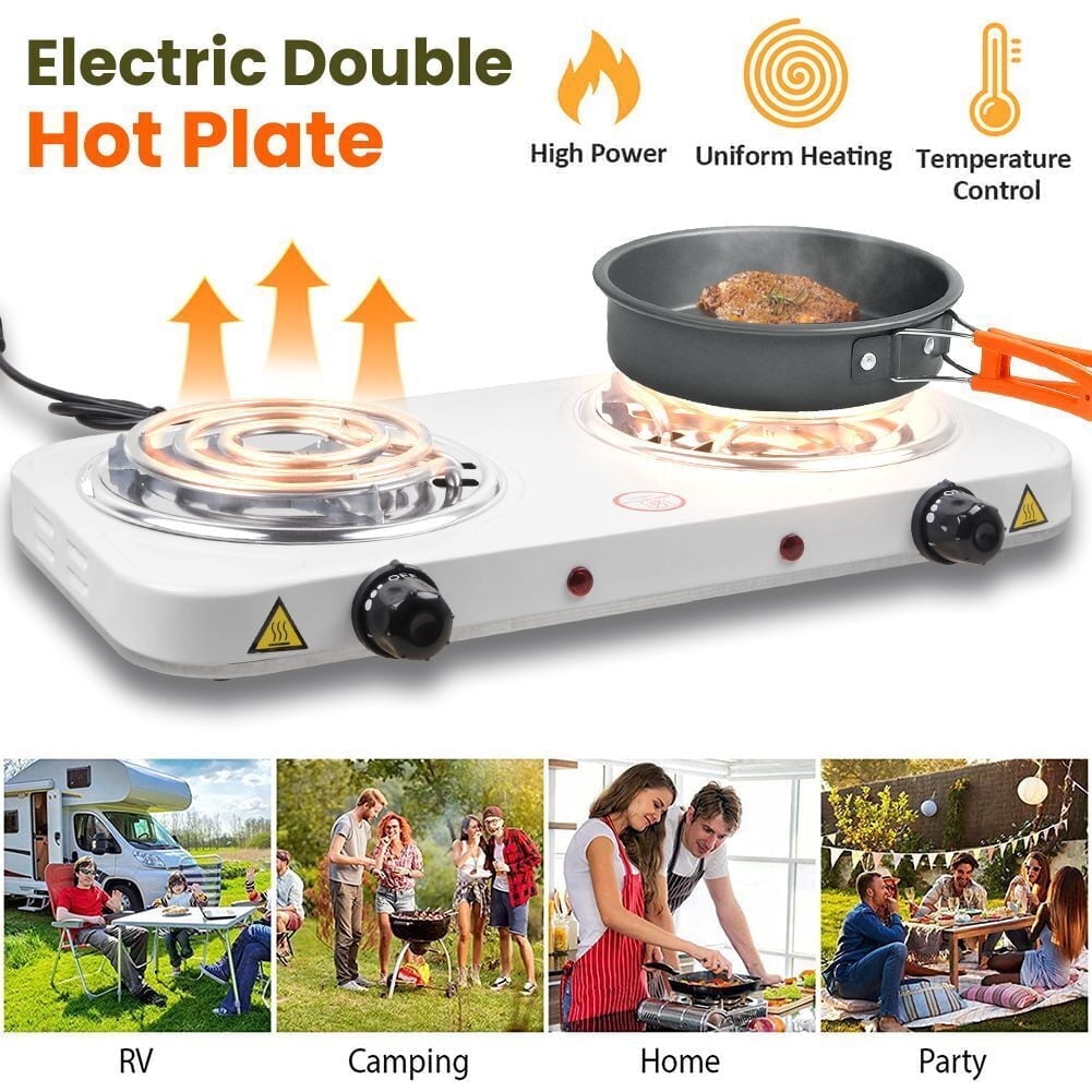 Hinzonek 2000W Electric Double Burner 110V Hot Plate Heating Cooktop Camping Dorm Stove Cooker with with 5 Adjustable Temperatures