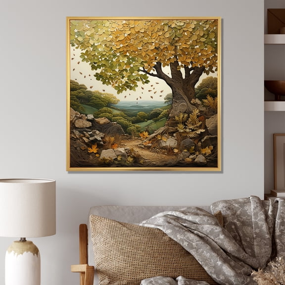Designart "Green Oak Tree Of History III" Landscapes Floater Framed Wall Decor