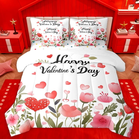 Homewish Happy Valentine'S Day 7-Piece Twin Bedding Sets,Cute Loves Pattern Bedding Comforter Set,Pink Flower Tulip Sheet Sets For Girls Kids,Super Cozy Room Decor Reversible