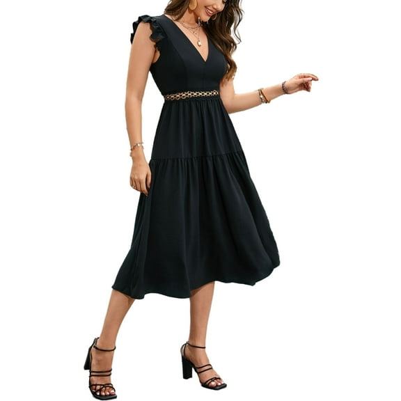 V Neck Lace Trim Cutout Back Dress for Women Above Knee Length