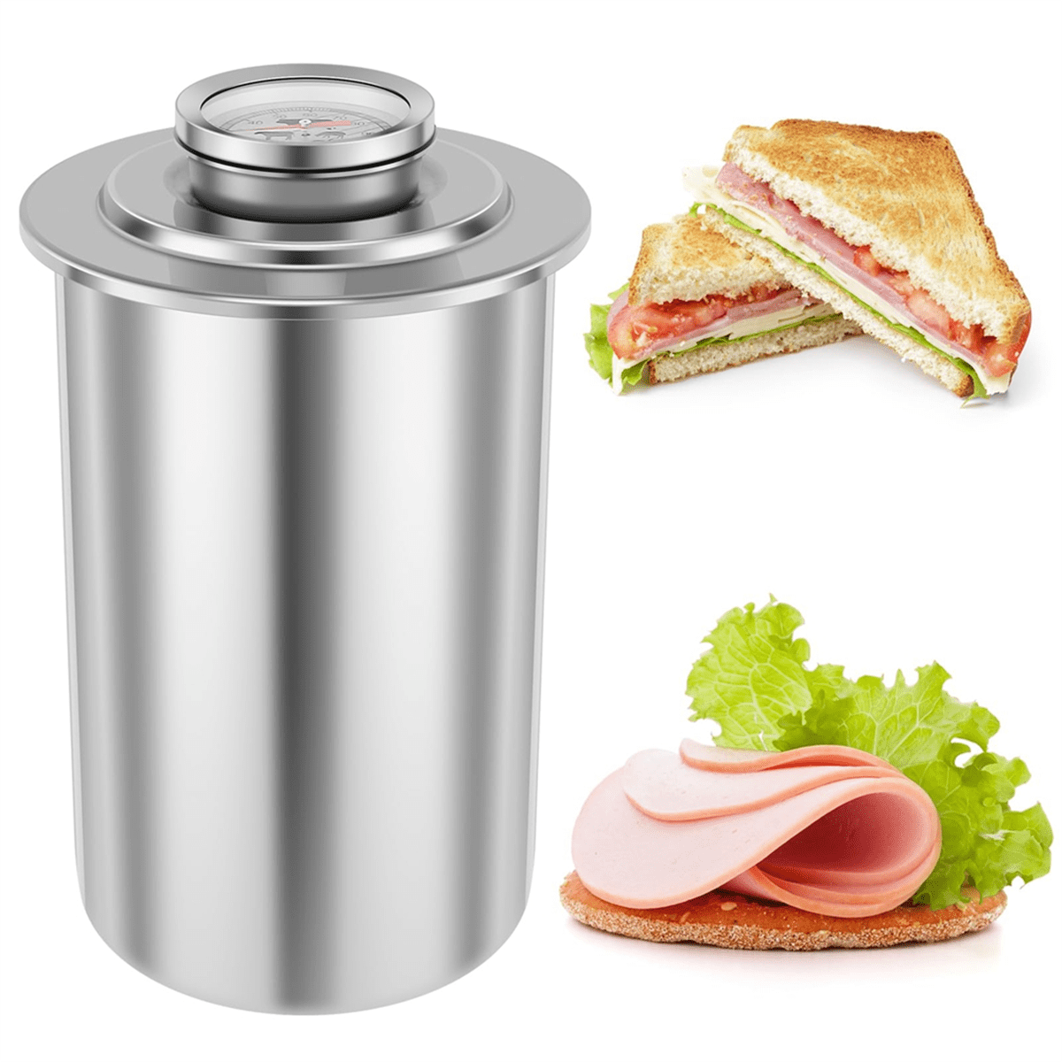 Stainless Steel Meat Meat, Large Capacity Ham Maker with Thermometer, Round Shape Meat Mold,1 x Boiled meat ,Silver