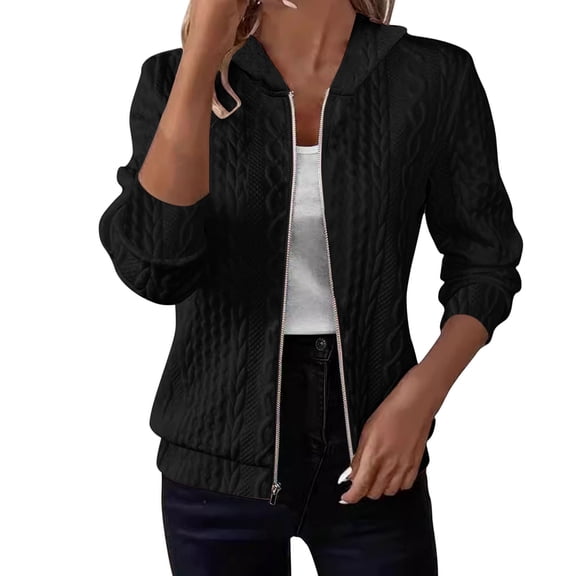 Women's Zip Up Cable Knit Sweater Hood Long Sleeve Open Front Cardigan Warm Cardigan with Pockets Outwear Coats