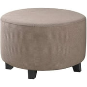 Round Ottoman Slipcover Footstool Protector Covers Storage Stool Ottoman Covers Stretch with Elastic Bottom, Feature Textured Checked Jacquard Fabric Machine Washable(Medium, Taupe)