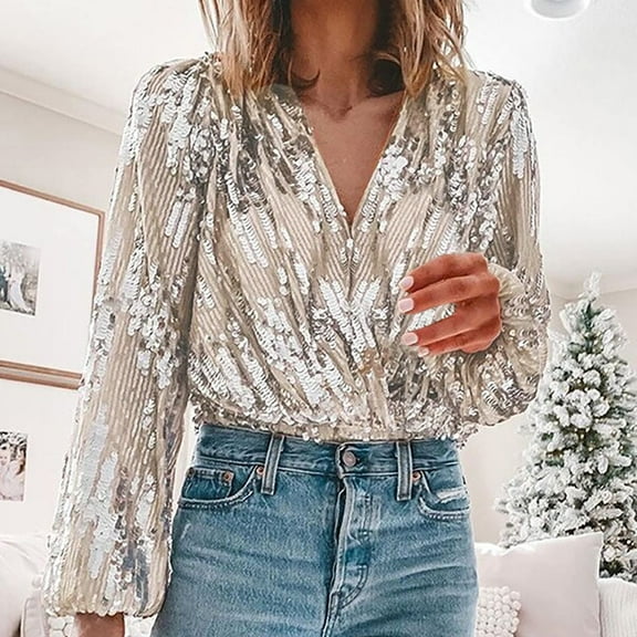 Sevevn Women's Sequined Blouses Long Sleeved V-Neck Overlapping Pullover Fashion Tops Silver L Summer