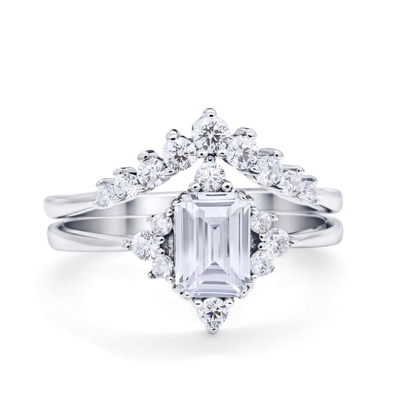 Art Deco Two Piece Ring Band Emerald Cut CZ 925 Sterling Silver Size 4
