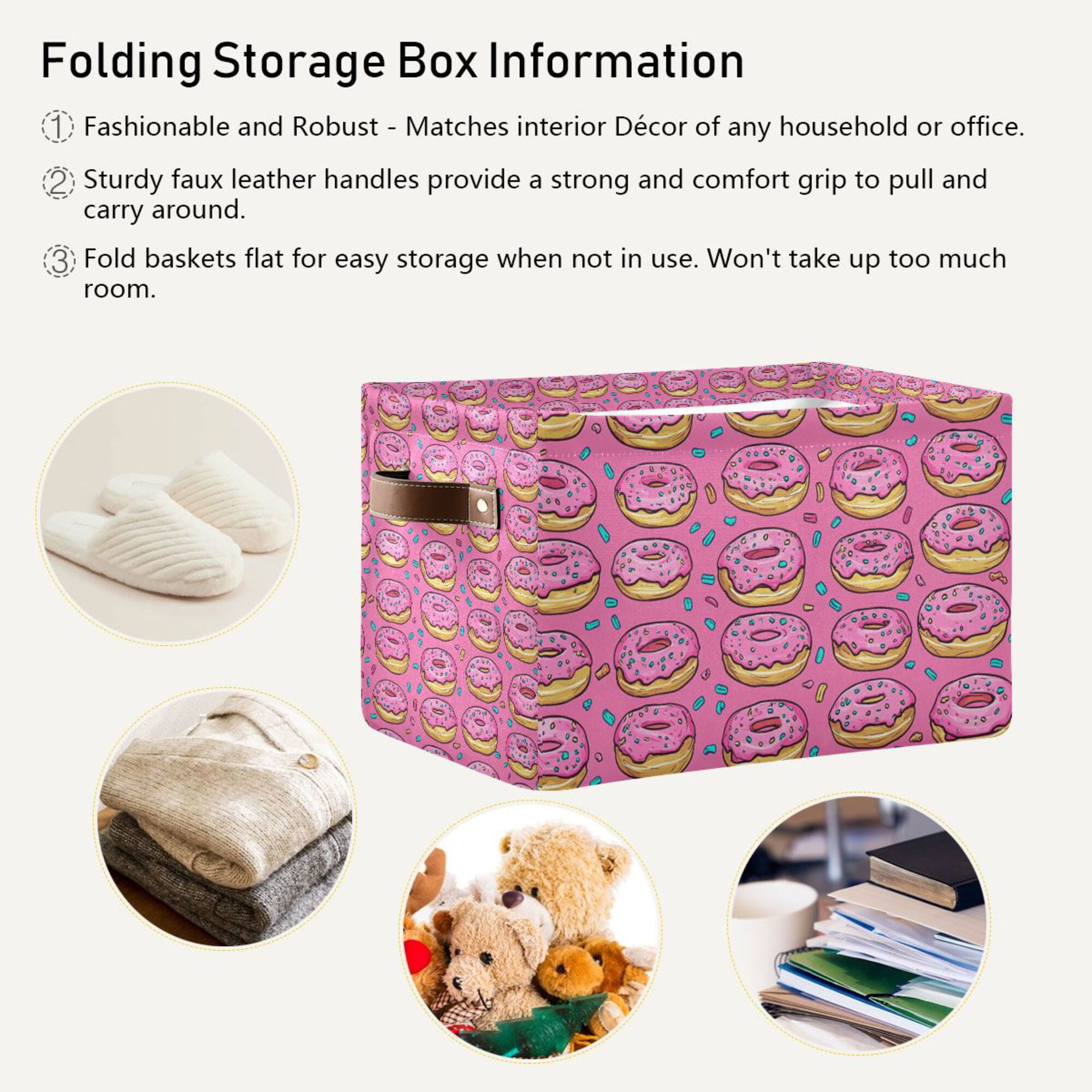 Yayeee 2 Pack Canvas Storage Basket with Handles for Shelves Fabric Bins Closet Organizer, Pink Doughnuts