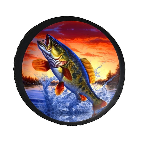 KAKALAD Bass Fish Jumping 01 Spare Tire Cover PVC Leather Universal Vehicle Accessories Buckle Car Tools 14”in
